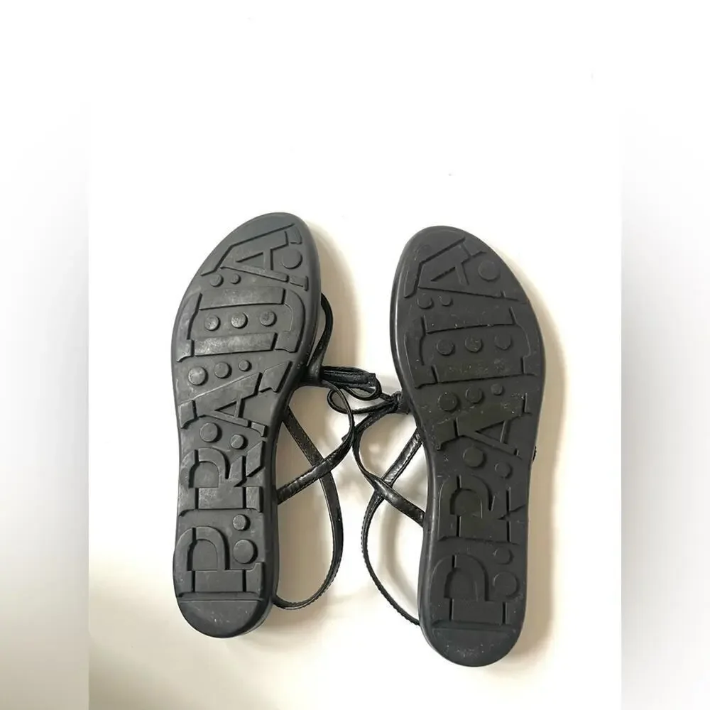 Prada Black Patent leather bow tie logo embellished T strap flat sandals EU 39.5 - Picture 12 of 13